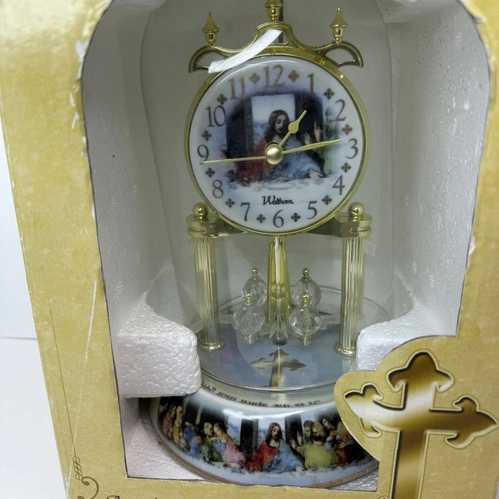 Waltham Anniversary Clock The Last Supper Porcelain Base Glass Dome Gold Tone 9